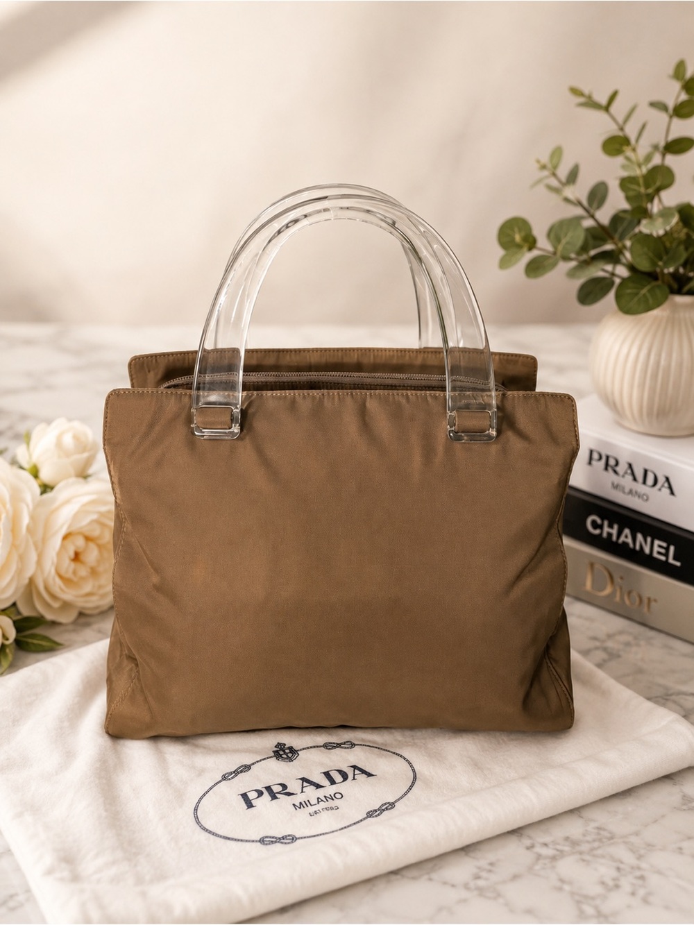 Vintage PRADA Tessuto Nylon Taupe Tote With Lucite Handles